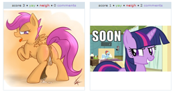 Size: 537x283 | Tagged: explicit, scootaloo, twilight sparkle, balls, cum, exploitable meme, foalcon, futa, futa scootaloo, g4, herm, imported from derpibooru, intersex, juxtaposition, juxtaposition win, meta, nudity, penis, soon, twilight is a foal fiddler, vagina