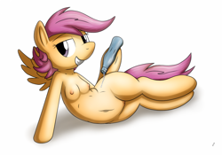 Size: 800x560 | Tagged: explicit, artist:tg-0, scootaloo, anthro, arm hooves, breasts, chestbreasts, delicious flat chest, female, foalcon, g4, imported from derpibooru, misplaced boobs, nipples, nudity, pose, scootaflat, semi-anthro, vulva, water, wide hips