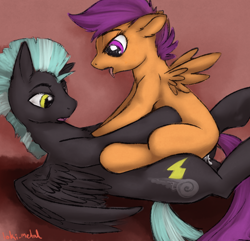 Size: 946x912 | Tagged: explicit, artist:trickster.puppy, scootaloo, balls, cowgirl position, creampie, cum, female, filly, floppy ears, foal, foalcon, from front, g4, hands free, imported from derpibooru, male, nudity, on back, open mouth, orgasm, pegasus, penetration, penis, pony, sex, ship:scootalane, simultaneous orgasm, spread wings, stallion, stallion on filly, straight, thunderlane, tongue out, vaginal, vaginal orgasm, wings