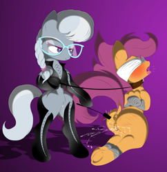 Size: 1280x1320 | Tagged: explicit, artist:v-d-k, scootaloo, silver spoon, anus, blindfold, bondage, collar, dominatrix, female, foalcon, g4, glasses, imported from derpibooru, leash, lesbian, nudity, riding crop, scootasub, ship:spoonaloo, silverdom, spanking, squirting, vagina, vaginal secretions, whip marks, whipping