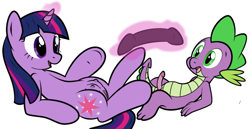 Size: 1000x514 | Tagged: explicit, artist:tg-0, spike, twilight sparkle, crotchboobs, dildo, doubleheaded dildo, dragon, female, foalcon, g4, human vulva, human vulva on pony, imminent anal, imminent anal insertion, imminent insertion, imminent penetration, imminent sex, imported from derpibooru, interspecies, magic, male, nipples, nudity, penis, pony, sex toy, ship:twispike, shipping, straight, teats, unicorn, unicorn twilight, vulva