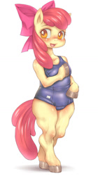 Size: 700x1247 | Tagged: questionable, artist:hoihoi, apple bloom, arm hooves, blushing, breasts, cameltoe, chestbreasts, clothes, dead source, earth pony, female, filly, foal, foalcon, g4, imported from derpibooru, misplaced boobs, one-piece swimsuit, pixiv, school swimsuit, semi-anthro, solo, solo female, swimsuit
