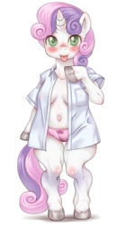 Size: 561x1000 | Tagged: questionable, artist:hoihoi, sweetie belle, anthro, arm hooves, belly button, blushing, breasts, chestbreasts, clothes, dead source, female, foalcon, g4, imported from derpibooru, misplaced boobs, panties, panty bow, pixiv, underwear