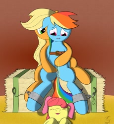 Size: 995x1080 | Tagged: explicit, artist:clutterdrop, apple bloom, applejack, rainbow dash, anus, bondage, crotchboobs, earth pony, female, foalcon, g4, imported from derpibooru, lesbian, mare on filly, nipples, nudity, pegasus, pissing, pony, ship:appledash, teats, urine, vagina, vulva, watersports