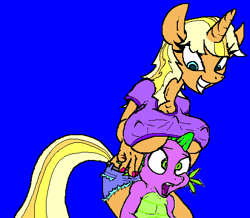 Size: 495x432 | Tagged: questionable, artist:vinny van yiffy, spike, twilight sparkle, age difference, alternate color palette, anthro, bimbo, bimbo sparkle, blue background, blue eyes, boobhat, breasts, busty twilight sparkle, clothes, dragon, duo, duo male and female, erect nipples, eyebrows, eyelashes, fangs, female, finger, fingernails, fingers, foalcon, g4, green eyes, grin, horn, imported from derpibooru, male, nostrils, open mouth, pseudoincest, ship:twispike, shipping, simple background, slit pupils, smiling, straight, tail, tan, torn clothes, underboob, unicorn, wingless spike