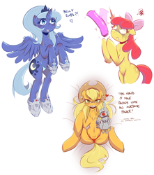 Size: 1280x1446 | Tagged: explicit, artist:balooga, apple bloom, applejack, princess luna, belly button, bellyrubs, chest fluff, clothes, dialogue, dildo, earring, earth pony, female, filly, foal, foalcon, g gundam, g4, gauntlet, gundam, hand, imported from derpibooru, nudity, on back, panties, pony, semi-anthro, sex toy, sketch dump, thong, underwear, vibrator, vulva, woona