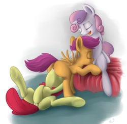 Size: 1042x1016 | Tagged: explicit, artist:sharpy, apple bloom, scootaloo, sweetie belle, abstract background, anus, bed, cmc threesome, cunnilingus, cutie mark crusaders, earth pony, eyes closed, female, filly, filly on filly, foal, foalcon, g4, group sex, hoof on head, horn, imported from derpibooru, lesbian, licking, love train, masturbation, nudity, on back, on bed, open mouth, oral, pegasus, pony, sex, ship:sweetiebloomaloo, shipping, sitting, spread legs, spread wings, spreading, threesome, unicorn, vaginal secretions, vulva, wingboner, wings