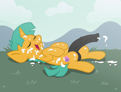 Size: 3150x2400 | Tagged: explicit, artist:megasweet, autofacial, balls, cum, cum on self, facial, foalcon, g4, high res, imported from derpibooru, male, nudity, penis, pony, snails, solo, solo male