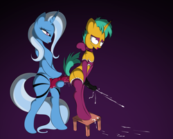 Size: 1280x1029 | Tagged: explicit, artist:v-d-k, anal insertion, anal orgasm, arm hooves, bipedal, crossdressing, crying, cum, cumming, duo, female, female on male, femdom, foalcon, g4, imported from derpibooru, insertion, makeup, male, malesub, nudity, orgasm, pegging, penis, semi-anthro, sex toy, ship:trails, shipping, snails, straight, strapon, submissive, trixie, unicorn
