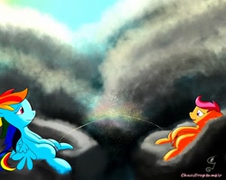 Size: 1280x1024 | Tagged: explicit, artist:clutterdrop, rainbow dash, scootaloo, blank flank, female, foalcon, g4, imported from derpibooru, lesbian, nudity, peeing on each other, pegasus, pony, ship:scootadash, shipping, urine, vagina, vulva, watersports