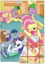 Size: 1024x1447 | Tagged: explicit, artist:bbmbbf, apple bloom, fluttershy, rarity, spike, oc, comic:pinky's porntastic party, age difference, ballgag, balls, canon x oc, comic, dragon, earth pony, equestria untamed, female, fisting, foalcon, foaldom, g4, gag, horn, imported from derpibooru, male, nudity, palcomix, pegasus, penis, pony, sex, ship:flutterspike, spikedom, straight, unicorn, voyeur bloom, voyeurism, wingless spike