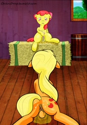 Size: 911x1300 | Tagged: explicit, artist:chaosdrop, artist:clutterdrop, apple bloom, applejack, anus, applecest, barn, barrel, blushing, crotchboobs, dubious consent, earth pony, female, fetish, filly, foal, foalcon, g4, hay bale, imported from derpibooru, incest, lesbian, mare, masturbation, nipples, nudity, pony, ship:bloomjack, shipping, siblings, sisters, teats, urine, vagina, voyeurism, vulva, watersports