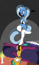 Size: 1177x1920 | Tagged: explicit, artist:v-d-k, arm hooves, ball busting, balls, bed, candle, cbt, clothes, crossdressing, cum, dominatrix, dominatrixie, duo, female, femdom, foalcon, g4, horsecock, imported from derpibooru, legwear, male, nudity, penis, riding crop, semi-anthro, ship:trails, snails, stockings, straight, thigh highs, trixie, unicorn, vagina, vaginal secretions, vulva