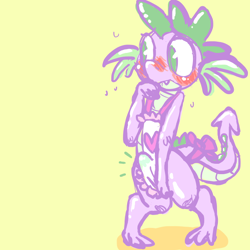 Size: 600x600 | Tagged: questionable, artist:tappyraspberry, spike, apron, apron boner, blushing, clothes, covering, crossdressing, crotch bulge, dragon, embarrassed, erection, femboy spike, foalcon, g4, hiding erection, imported from derpibooru, male, naked apron, penis, solo, solo male, tenting, wingless spike