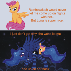 Size: 1200x1200 | Tagged: explicit, artist:dethlunchies, princess luna, scootaloo, alicorn, blushing, butt, clothes, crying, female, fetish, foalcon, g4, imported from derpibooru, lesbian, luna is a foal fiddler, lunapred, mare, nudity, plot, pony, ship:scootaluna, shipping, socks, spread wings, striped socks, unbirthing, vagina, vore, wat, wings