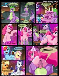 Size: 920x1185 | Tagged: explicit, artist:kitsuneyoukai, artist:twilightstormshi, applejack, fluttershy, pinkie pie, rainbow dash, rarity, spike, twilight sparkle, comic:dragon you over, anatomically correct, anus, blushing, comic, dialogue, dj pon-3, exhibitionism, female, foalcon, g4, hotdogging, imported from derpibooru, lap dance, lidded eyes, looking back, male, mane seven, mane six, nudity, open mouth, penis, ponut, pony, precum, ship:pinkiespike, sitting, smiling, straight, underhoof, vinyl scratch, voyeurism, vulva