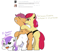 Size: 1280x1151 | Tagged: explicit, artist:dashaloo, apple bloom, scootaloo, sweetie belle, blank flank, cmc threesome, collar, colored, cutie mark crusaders, earth pony, edit, female, foalcon, g4, group sex, horn, imported from derpibooru, leash, lesbian, love train, mare train, nudity, pegasus, pony, pony train, scootasub, sex, sex toy, ship:sweetiebloomaloo, shipping, simple background, strapon, sweat, threesome, tumblr, unicorn, white background
