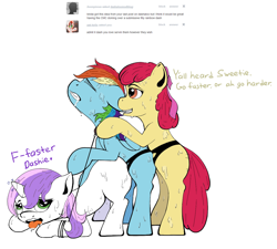 Size: 1280x1151 | Tagged: explicit, artist:dashaloo, apple bloom, rainbow dash, sweetie belle, alternate character, alternate version, blank flank, colored, earth pony, female, foalcon, g4, group sex, horn, imported from derpibooru, lesbian, love train, mare train, nudity, pegasus, pony, pony train, sex, sex toy, simple background, strapon, sweat, threesome, tumblr, unicorn, white background