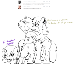 Size: 1408x1266 | Tagged: explicit, artist:dashaloo, artist:riscke, apple bloom, rainbow dash, sweetie belle, age regression, alternate character, alternate version, blank flank, earth pony, female, filly rainbow dash, foalcon, g4, group sex, horn, imported from derpibooru, lesbian, love train, mare train, monochrome, nudity, pegasus, pony, pony train, sex, sex toy, strapon, sweat, threesome, tumblr, unicorn