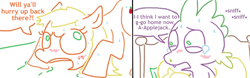 Size: 979x305 | Tagged: grimdark, suggestive, artist:glatter glomp, applejack, spike, comic:applejack season, blushing, dragon, earth pony, estrus, female, female on male, female on male rape, foalcon, g4, imported from derpibooru, male, pony, rape, scared, sex, straight, style emulation, twister