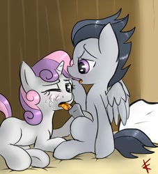 Size: 1000x1099 | Tagged: explicit, artist:crade, sweetie belle, blowjob, blushing, colt, cum, facial, female, filly, foal, foalcon, g4, imported from derpibooru, male, nudity, one eye closed, oral, pegasus, penis, pillow, pony, rumble, sex, ship:rumbelle, shipping, straight, unicorn, wingboner