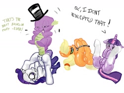 Size: 1600x1200 | Tagged: explicit, artist:purevil, applejack, rarity, spike, twilight sparkle, age difference, anal, anus, bondage, butt, dialogue, dragon, earth pony, engrish, female, foalcon, g4, imported from derpibooru, like a sir, male, maledom, nudity, pain, painal, piledriver, plot, pony, sex, ship:sparity, shipping, straight, tail penetration, unicorn, unicorn twilight, vagina, vulva, wingless spike