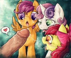 Size: 1280x1049 | Tagged: explicit, artist:dimwitdog, apple bloom, scootaloo, sweetie belle, blowjob, blushing, bukkake, cmc foursome, cock shock, cum, cum in mouth, cutie mark crusaders, facial, female, foalcon, foreskin, foursome, g4, group sex, heart, human, human male, human male on filly, human on pony action, human penis, imported from derpibooru, male, multiple blowjob, nudity, offscreen character, open mouth, oral, penis, pictogram, pony, sex, smiling, spread wings, straight, tongue out, triple blowjob, vein, veiny cock, wingboner, wings