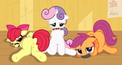 Size: 4304x2300 | Tagged: explicit, artist:pyruvate, apple bloom, scootaloo, sweetie belle, anus, arm behind back, ballgag, blushing, bondage, butt, crying, cutie mark crusaders, earth pony, female, foalcon, g4, gag, imported from derpibooru, nudity, pegasus, plot, pony, ring gag, tape gag, unicorn, vagina