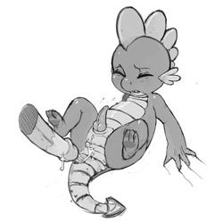 Size: 900x900 | Tagged: explicit, artist:kevinsano, spike, anal, anus, balls, blushing, canine penis, creampie, cum, disembodied penis, dragon, foalcon, g4, gay, grayscale, imported from derpibooru, knot, male, male focus, monochrome, nudity, paw pads, penis, solo focus