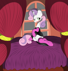 Size: 1280x1341 | Tagged: explicit, artist:v-d-k, sweetie belle, bed, bedroom eyes, clothes, dead source, female, foalcon, g4, imported from derpibooru, nudity, socks, sultry pose, undressing, vagina