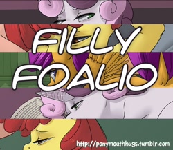 Size: 1000x866 | Tagged: questionable, artist:kevinsano, apple bloom, scootaloo, sweetie belle, advertising, cutie mark crusaders, female, foalcon, g4, imported from derpibooru, limited preview