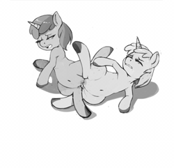 Size: 400x385 | Tagged: explicit, artist:kevinsano, animated, dinky hooves, duo, female, foalcon, g4, grayscale, imported from derpibooru, lesbian, monochrome, nudity, pony, ruby pinch, sex, ship:dinkypinch, spinning, tribadism, unicorn, vulva, wat