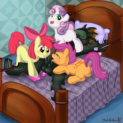 Size: 2222x2222 | Tagged: explicit, artist:yaoifairy, apple bloom, scootaloo, sweetie belle, oc, oc:vesairus, anal insertion, anus, balls, bed, blindfold, blowjob, blushing, bondage, canon x oc, changeling, changeling oc, changeling on filly action, changeling on pony action, cmc foursome, cmc threesome, cunnilingus, cutie mark crusaders, female, female on male, femdom, filly, foal, foalcon, foaldom, foursome, g4, group sex, high res, imported from derpibooru, insertion, interspecies, male, malesub, multiple blowjob, nudity, oral, penis, pillow, pony, reverse foalcon, sex, sex toy, shipping, straight, submissive, triple blowjob, vagina, vibrator, wingboner