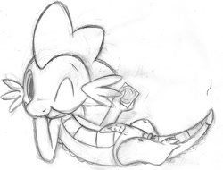Size: 800x608 | Tagged: explicit, artist:tg-0, spike, condom, dragon, foalcon, g4, imported from derpibooru, male, monochrome, nudity, penis, solo, solo male, wink