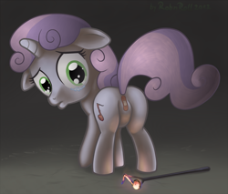 Size: 967x823 | Tagged: questionable, semi-grimdark, artist:robnroll, sweetie belle, band-aid, branding, branding iron, butt, female, foalcon, g4, imported from derpibooru, plot, pouting, sad