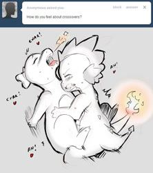 Size: 1200x1350 | Tagged: explicit, artist:cold-blooded-twilight, spike, blushing, charmander, crossover, foalcon, g4, heart, imported from derpibooru, interspecies, monochrome, nudity, pokémon
