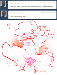 Size: 1200x1575 | Tagged: explicit, artist:cold-blooded-twilight, blushing, candy, candy cane, clitoris, earth pony, female, filly, foal, foalcon, food, foodplay, g4, glasses, imported from derpibooru, insertion, nudity, pony, solo, solo female, spread legs, spread pussy, spreading, tape, this will end in yeast infection, tumblr, twist, unusual insertion, urethra, vagina, vaginal insertion, vaginal secretions, vulva