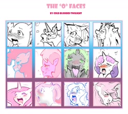 Size: 1280x1140 | Tagged: explicit, artist:cold-blooded-twilight, diamond tiara, fluttershy, pinkie pie, princess celestia, queen chrysalis, sweetie belle, twilight sparkle, ahegao, blushing, changeling, changeling queen, cheerilee, cum, drool, female, fleur-de-lis, foalcon, g4, heart, implied straight, imported from derpibooru, nurse redheart, orgasm, solo, solo female
