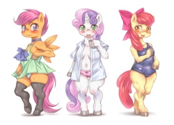 Size: 1000x720 | Tagged: questionable, artist:hoihoi, apple bloom, scootaloo, sweetie belle, anthro, arm hooves, belly button, breasts, cameltoe, chestbreasts, clothes, cutie mark crusaders, dead source, earth pony, female, foalcon, g4, imported from derpibooru, one-piece swimsuit, panties, pegasus, pixiv, sukumizu, swimsuit, unguligrade anthro, unicorn