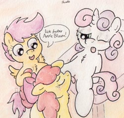 Size: 687x656 | Tagged: explicit, artist:slightlyshade, apple bloom, scootaloo, sweetie belle, chest fluff, cmc threesome, cunnilingus, cutie mark crusaders, dialogue, female, filly, filly on filly, foal, foalcon, g4, imported from derpibooru, lesbian, nudity, on back, one eye closed, oral, ship:sweetiebloomaloo, shipping, speech bubble, spread wings, traditional art, vagina, wings