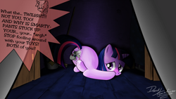 Size: 1280x720 | Tagged: explicit, artist:darkkoushirou, twilight sparkle, alternate version, anal insertion, anal vore, ass up, bedroom eyes, blushing, butt, caught, cum, dialogue, eyes rolling back, face down ass up, female, fetish, filly, filly twilight sparkle, foal, foalcon, g4, implied shining armor, imported from derpibooru, insertion, looking at you, looking back, looking back at you, masturbation, nudity, photo, plot, plushophilia, pony, raised tail, smarty pants, tail, tail aside, text, toy, twilight velvet, twipred, unicorn, unicorn twilight, unusual insertion, vaginal secretions, vore, vulva