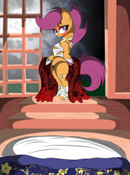 Size: 2454x3305 | Tagged: questionable, artist:v-d-k, scootaloo, bedroom, bedroom eyes, bipedal, female, foalcon, g4, high res, imported from derpibooru, pony, pov, solo, solo female, undressing