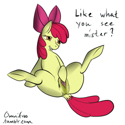 Size: 1024x1024 | Tagged: explicit, artist:omnifob, apple bloom, anus, earth pony, female, foalcon, g4, imported from derpibooru, nudity, on back, pony, reverse foalcon, solo, solo female, spreading, vagina