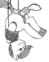 Size: 1004x1280 | Tagged: explicit, artist:kevinsano, scootaloo, anal foodplay, anal insertion, anus, bondage, butt, carrot, carrot insertion, cum, facial, female, foalcon, food, foodplay, g4, grayscale, hooves, implied straight, imported from derpibooru, insertion, monochrome, nudity, plot, pony, rope, solo, solo female, suspended, tail wrap, tied up, unusual insertion, upside down, vagina, vulva
