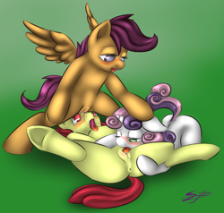 Size: 1280x1220 | Tagged: explicit, artist:synad, apple bloom, scootaloo, sweetie belle, cmc threesome, cunnilingus, cutie mark crusaders, female, foalcon, g4, imported from derpibooru, lesbian, nudity, oral, ship:scootabloom, ship:sweetiebloom, ship:sweetiebloomaloo, shipping, threesome, vagina, vaginal secretions, vulva