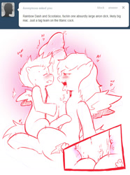 Size: 1050x1410 | Tagged: explicit, artist:cold-blooded-twilight, rainbow dash, scootaloo, oc, oc:anon, ahegao, big penis, bodyjob, clitoris, cum, double grinding, emanata, female, foalcon, g4, grinding, human, human male, human male on filly, human male on mare, human on pony action, hyper, hyper penis, imported from derpibooru, impossibly large penis, lesbian, male, monochrome, nudity, open mouth, penis, pony, ship:scootadash, shipping, straight, vagina, vaginal secretions
