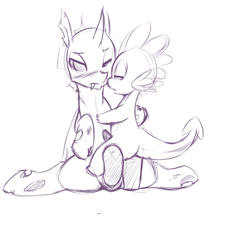 Size: 1280x1280 | Tagged: explicit, artist:florecentmoo, spike, and then spike was gay, bedroom eyes, blushing, changeling, foalcon, g4, gay, hilarious in hindsight, imported from derpibooru, male, males only, monochrome, nudity, penis, stallion on baby dragon, wingless spike