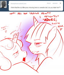 Size: 1200x1410 | Tagged: questionable, artist:cold-blooded-twilight, sweetie belle, twilight sparkle, after kiss, cold blooded twilight, drool, drool string, female, foalcon, g4, horn, horngasm, imported from derpibooru, kissing, lesbian, mare on filly, monochrome, pony, sex toy, ship:twibelle, shipping, sloppy kissing, tumblr, twilight is a foal fiddler, vibrator