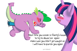 Size: 1000x660 | Tagged: explicit, semi-grimdark, artist:caluriri, spike, twilight sparkle, anal insertion, baby dragon on mare, bdsm, blushing, dildo, dragon, drool, dubious consent, engrish, female, femdom, foalcon, forced orgasm, g4, imported from derpibooru, insertion, male, nudity, obscured penetration, pony, pony on dragon action, sex toy, softcore, straight, unicorn, unicorn twilight, vibrator