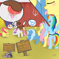 Size: 1200x1200 | Tagged: explicit, artist:pdxyz, apple bloom, fluttershy, rainbow dash, sweetie belle, ahegao, applecest, applejack's barn, ass up, barn, bestiality, butt, canine penis, canines, clitoris, creampie, cum, cunnilingus, dialogue, dildo, dog, dog on filly action, dog on pony action, doggy style, drool, earth pony, eyes closed, eyes on the prize, eyes rolling back, face down ass up, female, fetish, filly, foal, foalcon, from behind, g4, group sex, heart, human vulva, human vulva on pony, imported from derpibooru, incest, insertion, interspecies, knot, knotted penis, knotting, lesbian, looking down, looking pleasured, love train, lucky pierre, male, mare, nudity, on side, open mouth, orgasm, pegasus, penetration, penis, plot, pony, pony train, prostitution, rule 63, sex, sex toy, ship:flutterdash, ship:trixieshy, ship:winobelle, ship:winobloom, shipping, simultaneous orgasm, smiling, spread wings, squirting, straight, strapon, threesome, tongue out, trixie, unicorn, vaginal, vaginal insertion, vaginal orgasm, vaginal secretions, vulva, vulvar winking, wingboner, wingding eyes, wings, winona, zoophilia